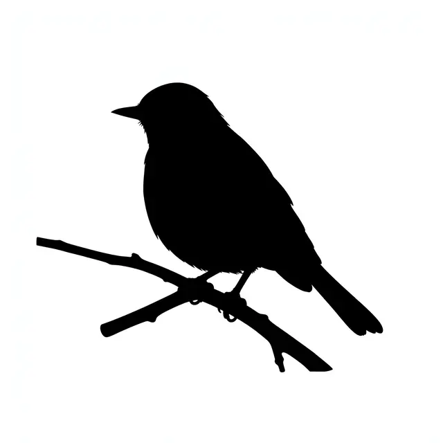 Solid black silhouette of a small songbird perched on thin branches against a plain white background
