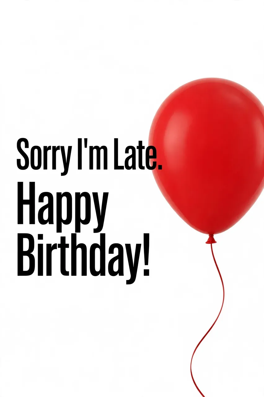 Bold black sans-serif text reading "Sorry I'm Late. Happy Birthday!" sits next to a plain red balloon on an off-white