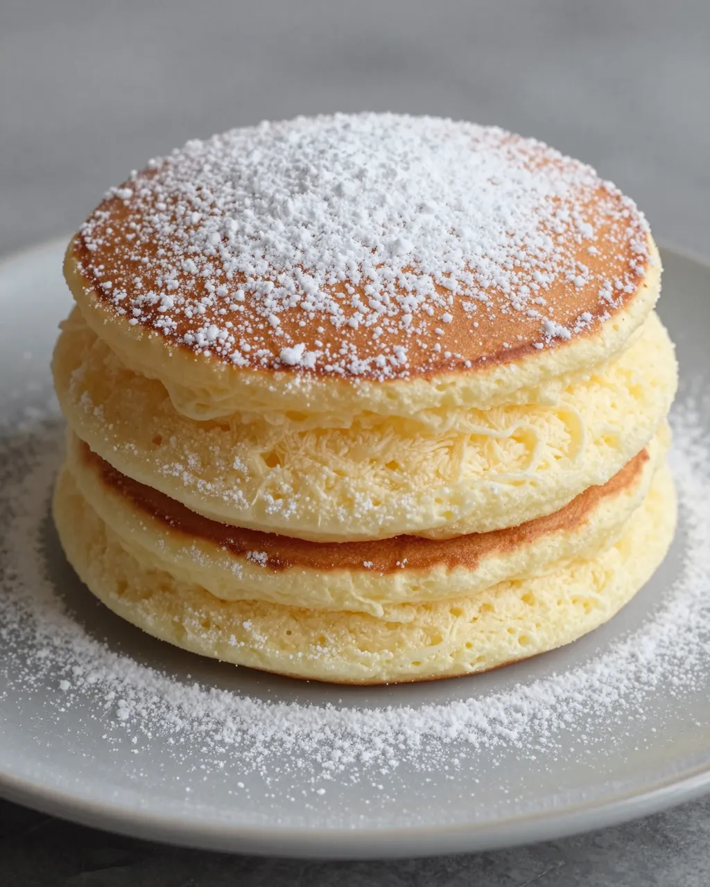 A stack of tall fluffy souffle pancakes dusted with powdered sugar on a light gray plate