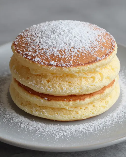 A stack of tall fluffy souffle pancakes dusted with powdered sugar on a light gray plate