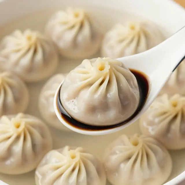A close-up view of a steamed soup dumpling resting on a spoon with dark vinegar, held above a bowl of additional dumplings.