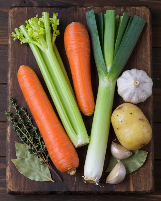 Flat lay assortment of fresh soup ingredients arranged on a dark wooden cutting board