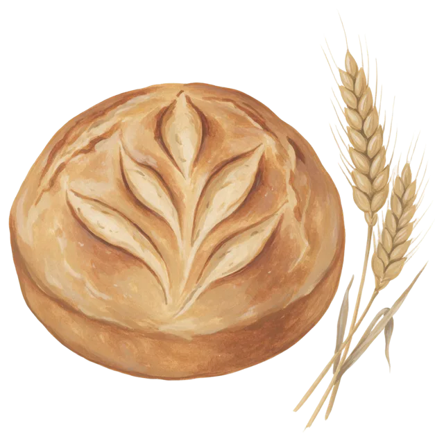 Gouache illustration of a scored rustic sourdough loaf next to two wheat ears