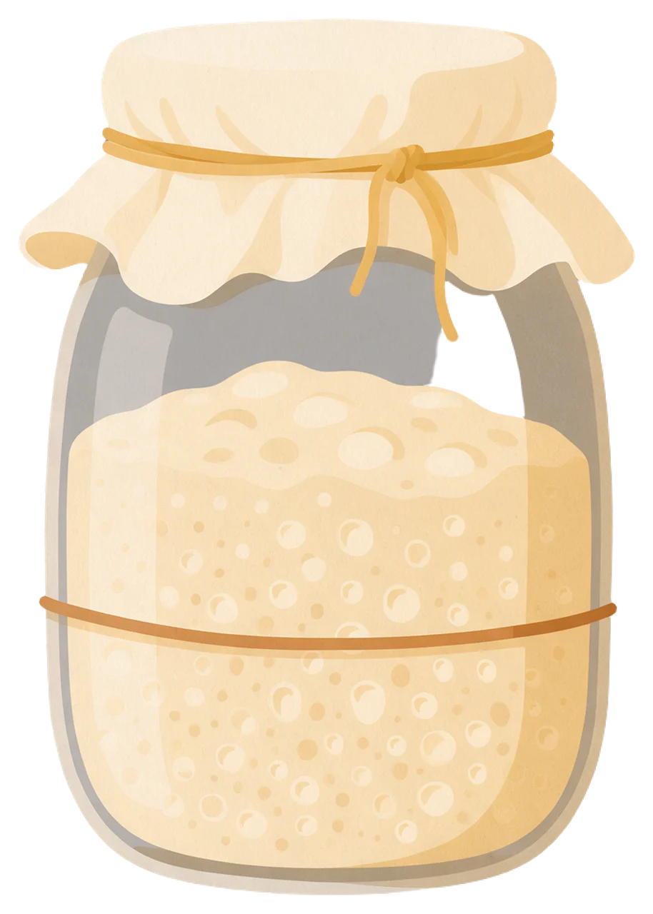 Illustration of a bubbly risen sourdough starter in a glass jar with a cloth lid and rubber band marker