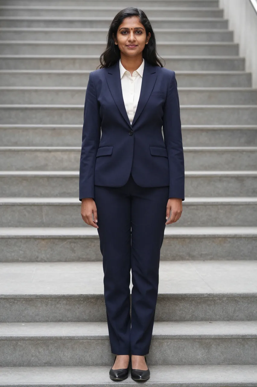 A South Asian woman in a navy trouser suit stands still on concrete stairs looking at the camera.