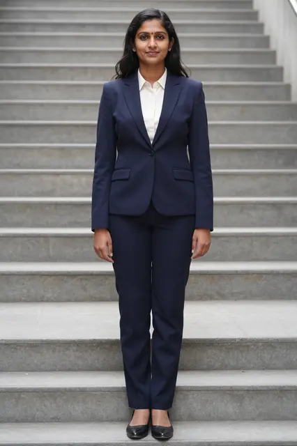 A South Asian woman in a navy trouser suit stands still on concrete stairs looking at the camera.