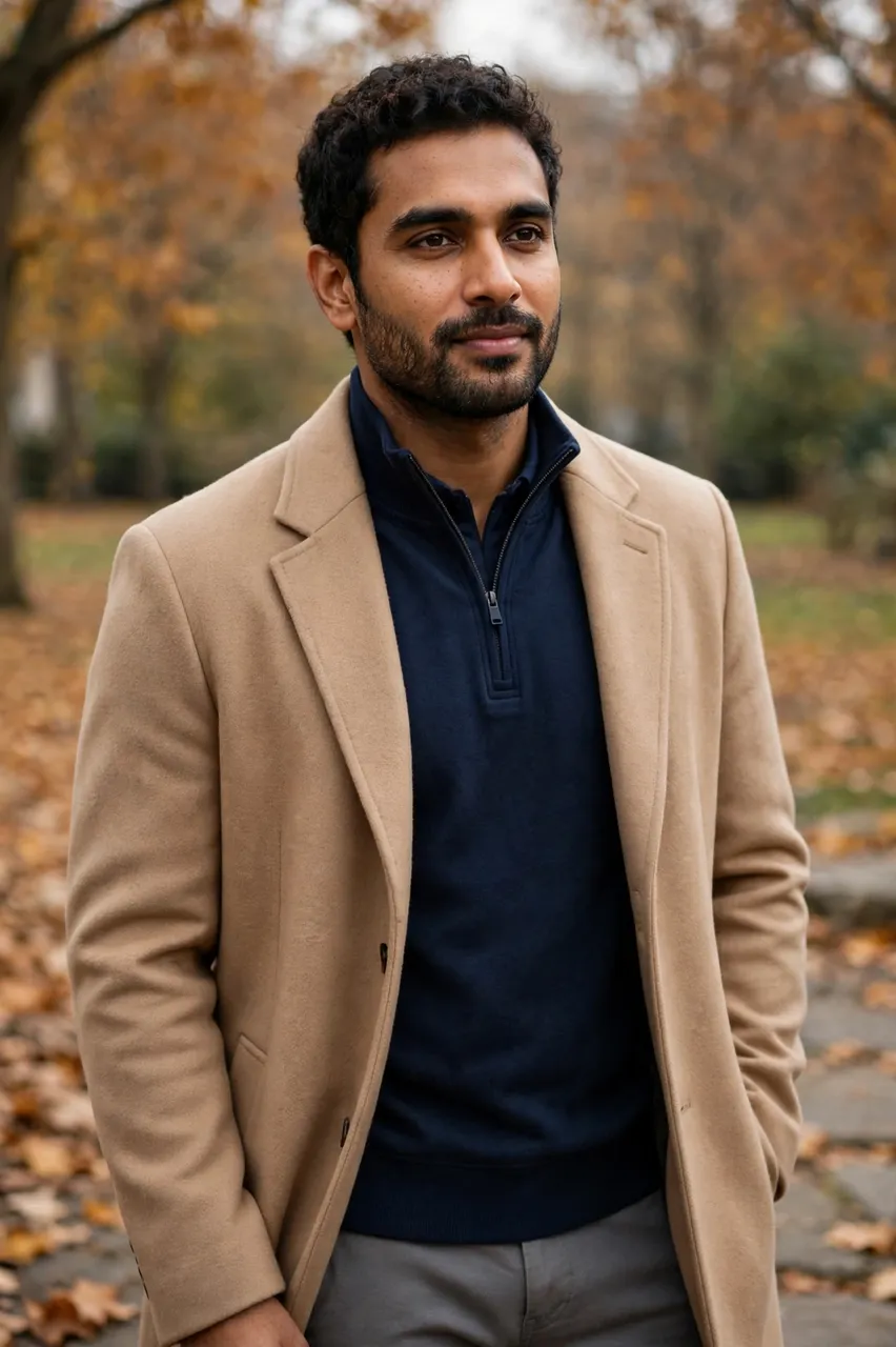 South Asian man in fall outerwear stands in a leafy autumn park