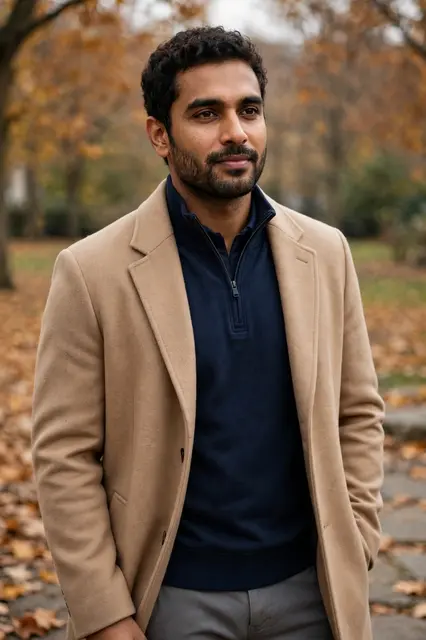 South Asian man in fall outerwear stands in a leafy autumn park
