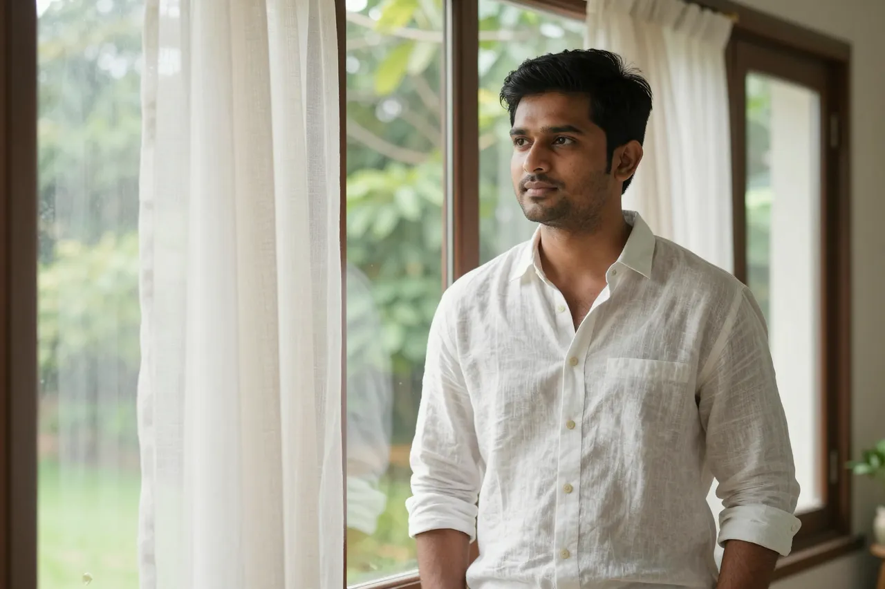 A late twenties South Asian man in a linen shirt stands next to tall windows with sheer curtains overlooking a green garden.