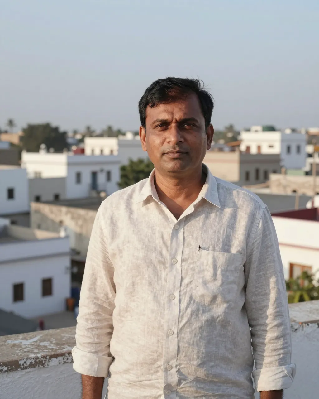 A middle-aged South Asian man in a linen shirt stands on a rooftop overlooking a whitewashed town at dusk.