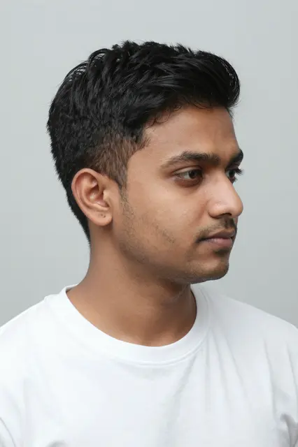 Three-quarter view portrait of a South Asian man in his thirties with a textured quiff, wearing a plain white t-shirt