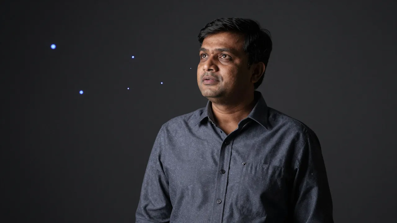 A South Asian man in his forties looks up with a thoughtful expression near drifting glowing blue light points against a