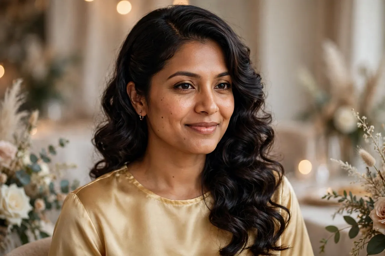 Portrait of a South Asian woman with glossy loose curls wearing a gold silk top in a softly lit event space