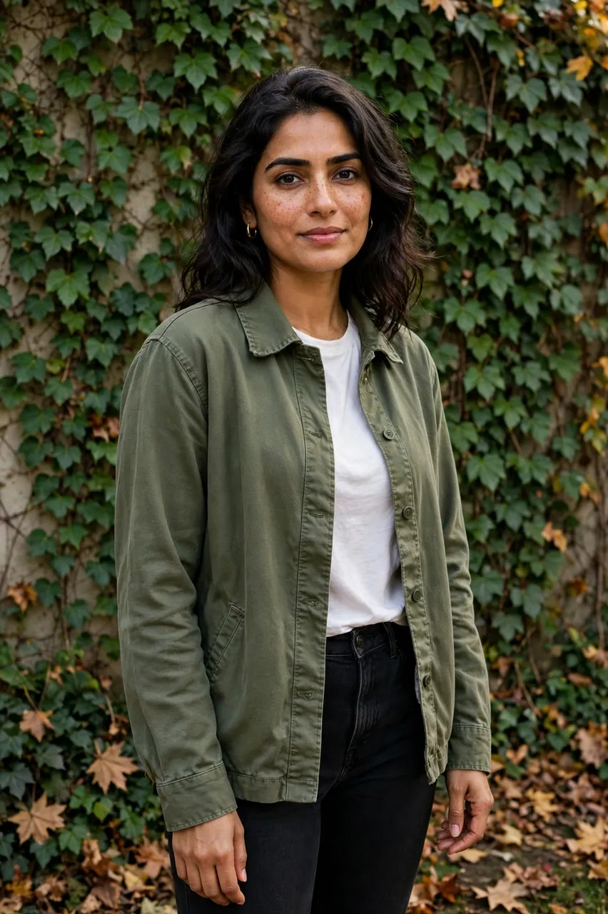 A South Asian woman in a green shacket stands against an ivy-covered wall in autumn.