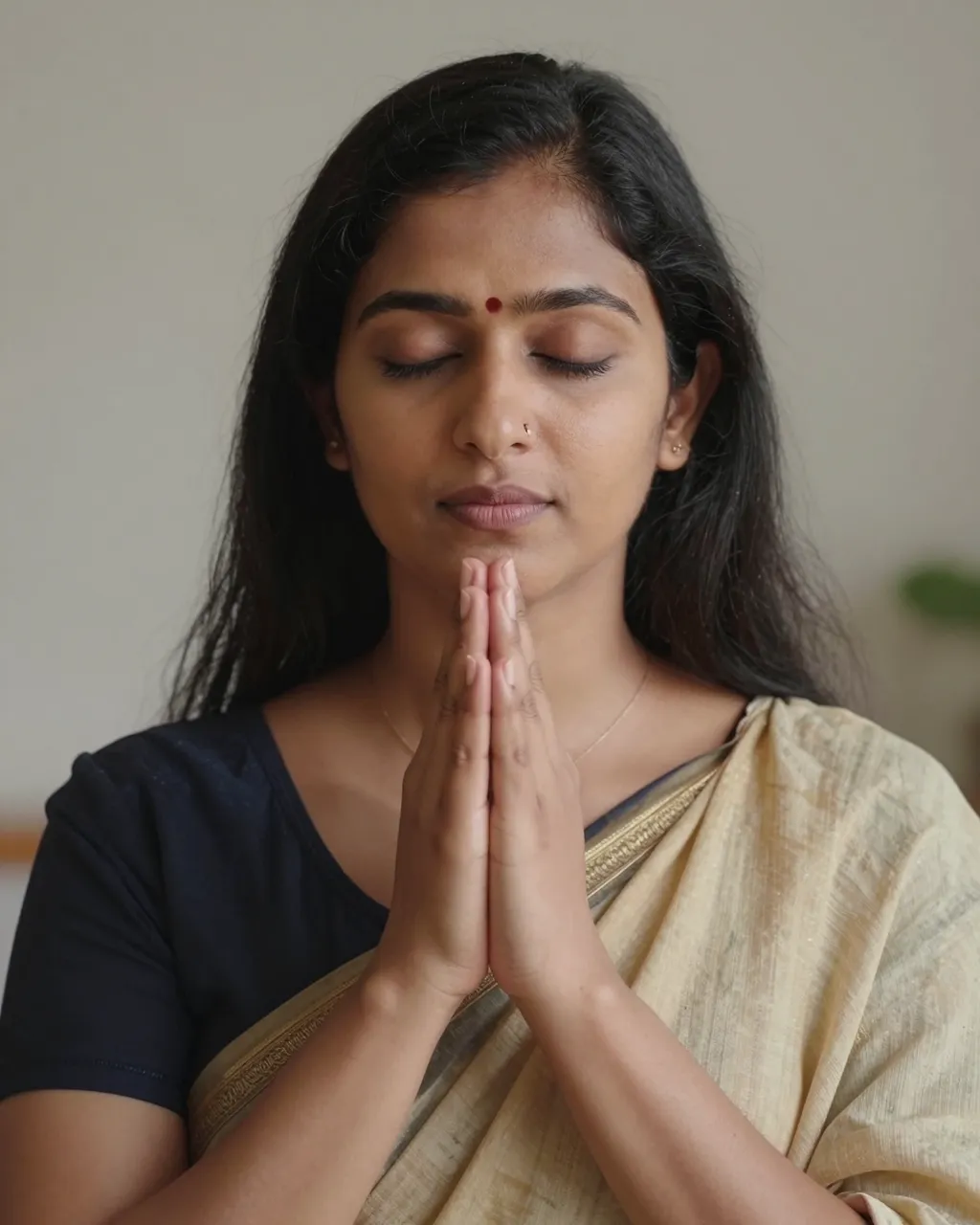 A South Asian woman with closed eyes holds her palms pressed together in a prayer pose near her chin.