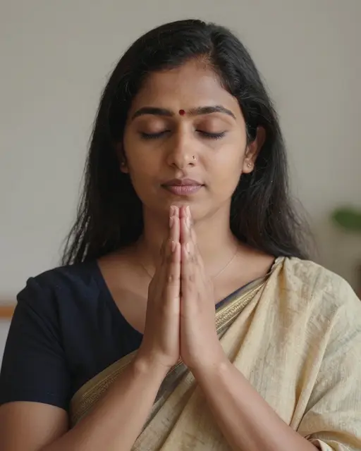 A South Asian woman with closed eyes holds her palms pressed together in a prayer pose near her chin.