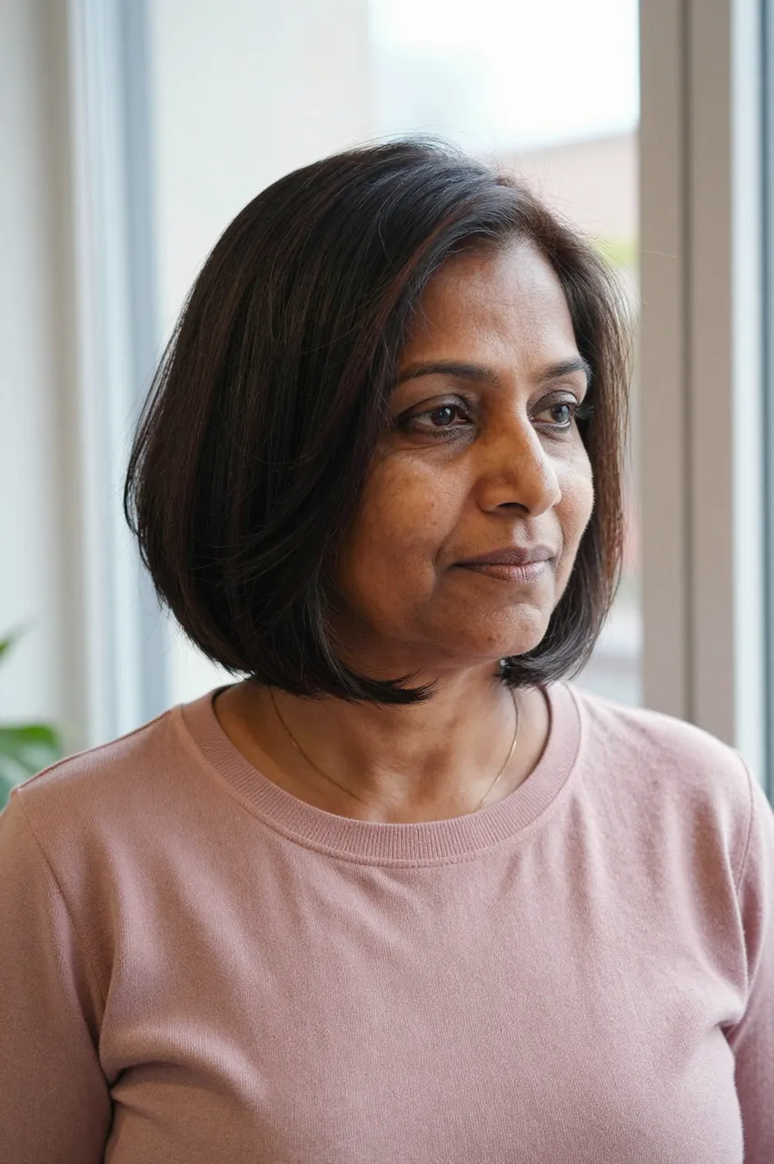 Portrait of a woman in her fifties with a layered bob wearing a dusty pink sweater beside a window