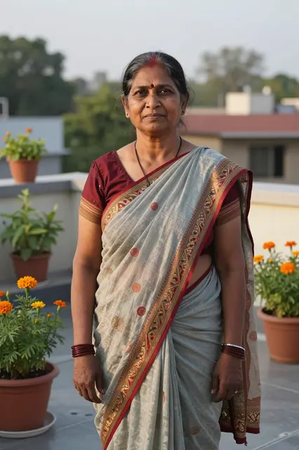 Mature South Asian woman in a sari stands on a residential rooftop among potted marigolds in soft evening light
