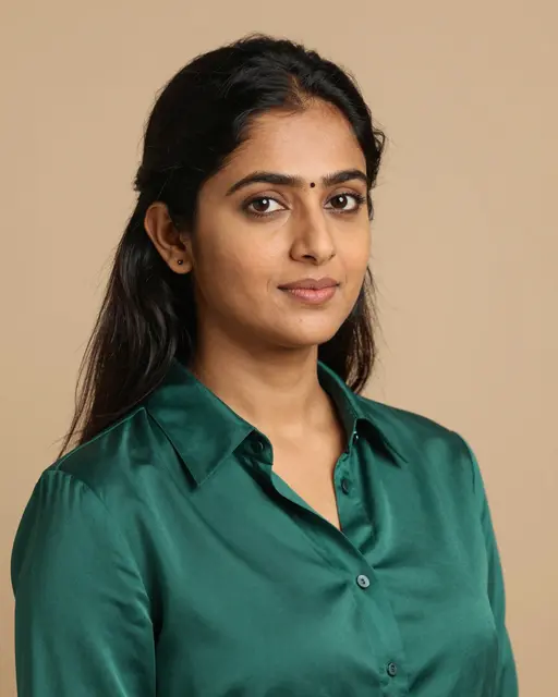 Studio headshot of a South Asian woman in an emerald silk blouse against a warm beige backdrop