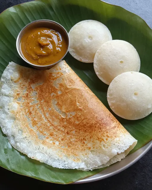 Flat lay of dosa, idlis and curry served on a fresh banana leaf plate