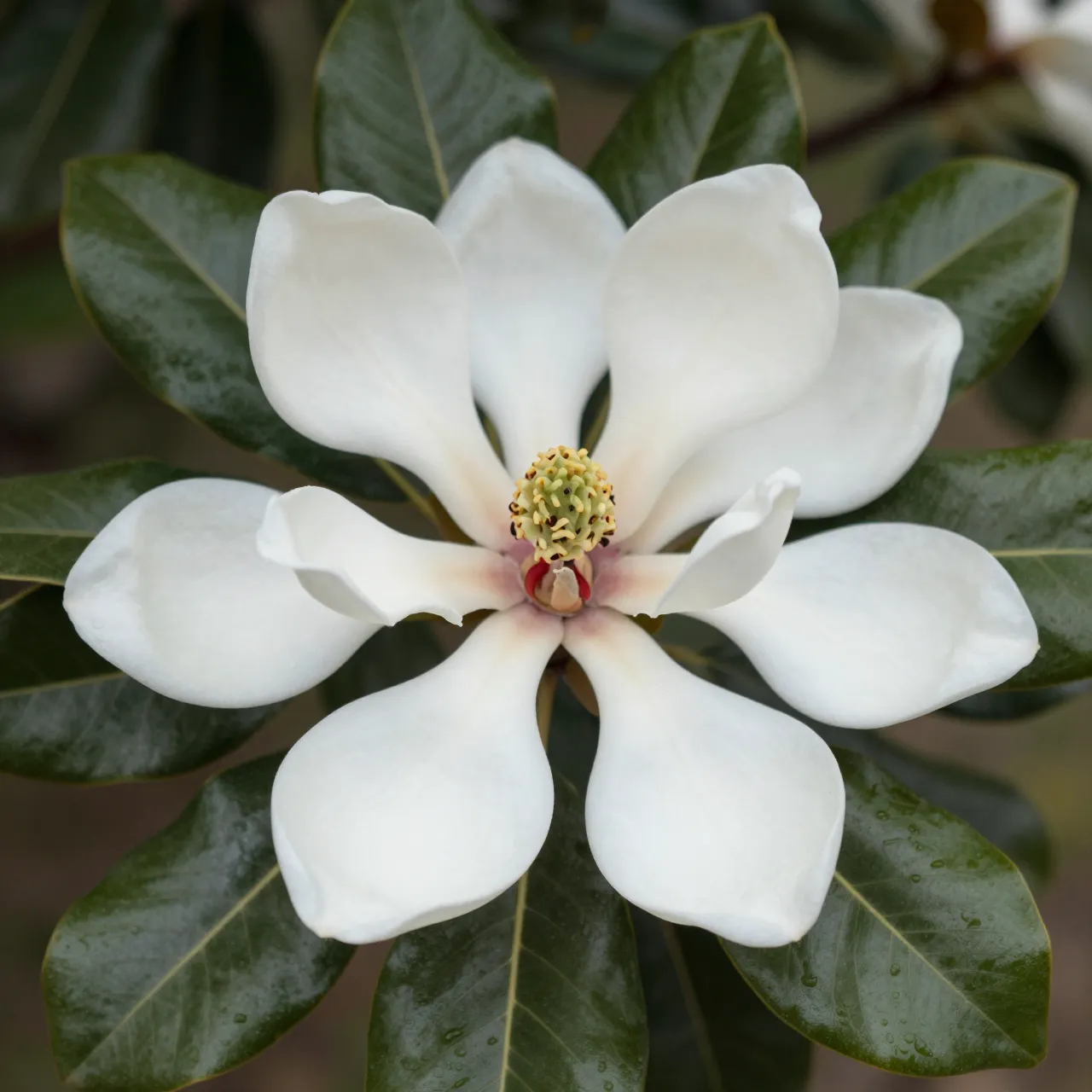 Open white southern magnolia flower surrounded by glossy dark green leaves