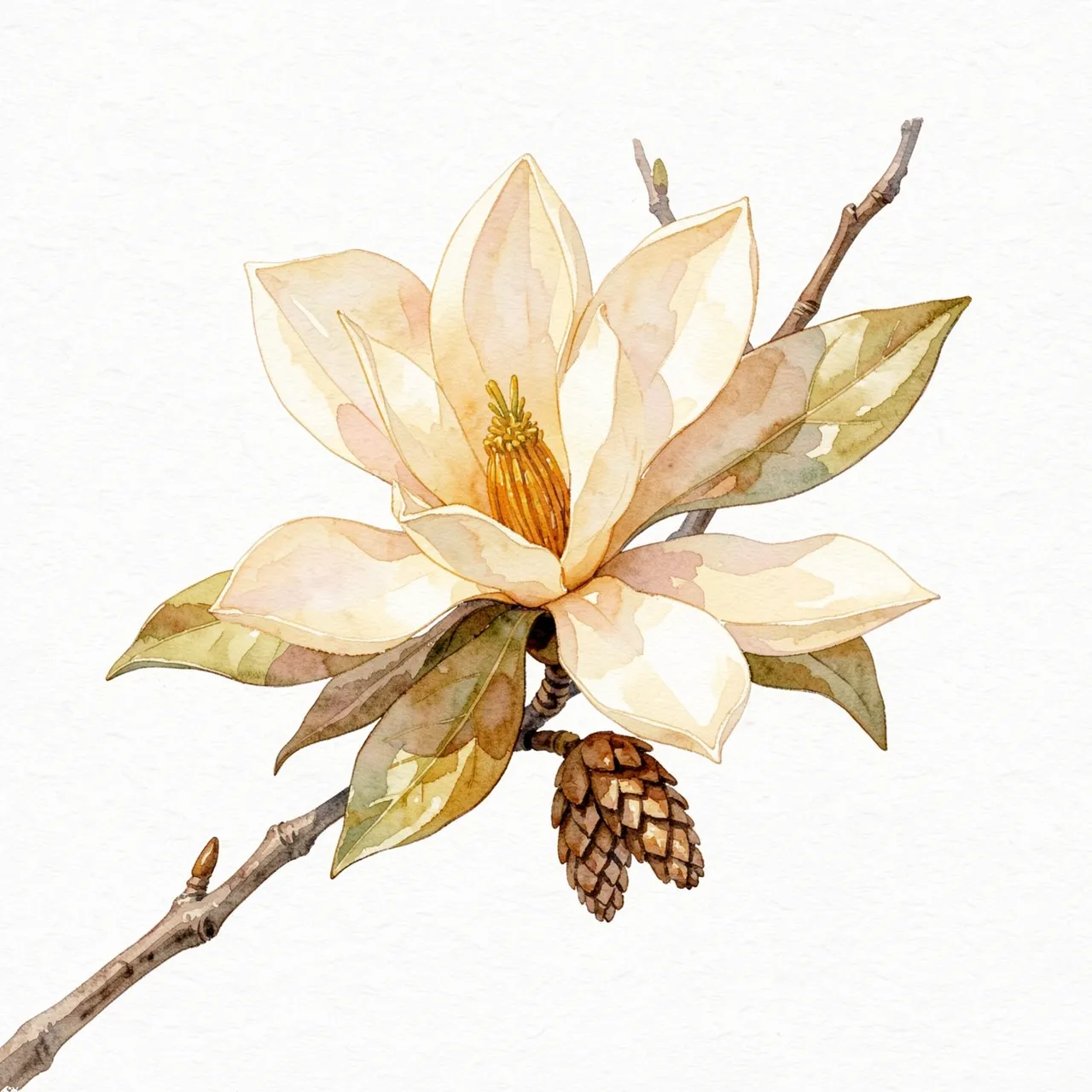 Watercolor painting of a creamy southern magnolia bloom, seed cone, and leaves on a textured branch against warm white paper.