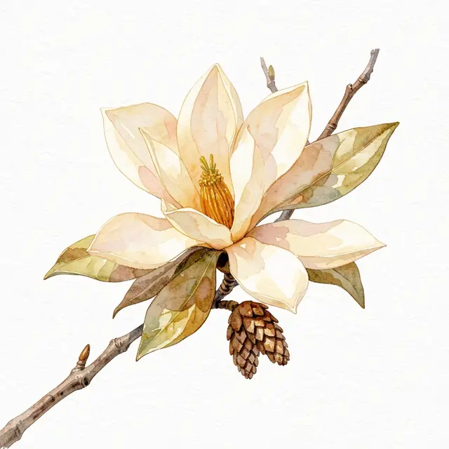 Watercolor painting of a creamy southern magnolia bloom, seed cone, and leaves on a textured branch against warm white paper.