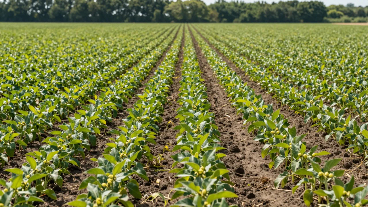 Straight rows of young soybean plants stretch across farmland toward a distant tree line under bright daylight