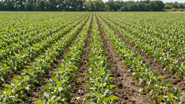 Straight rows of young soybean plants stretch across farmland toward a distant tree line under bright daylight