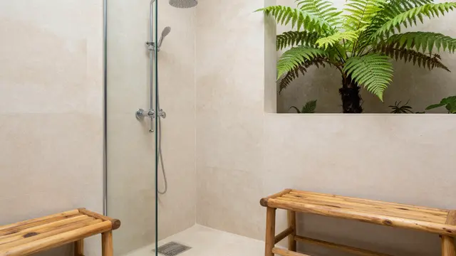 A tiled spa shower with teak benches opens to a built-in niche holding a large fern plant