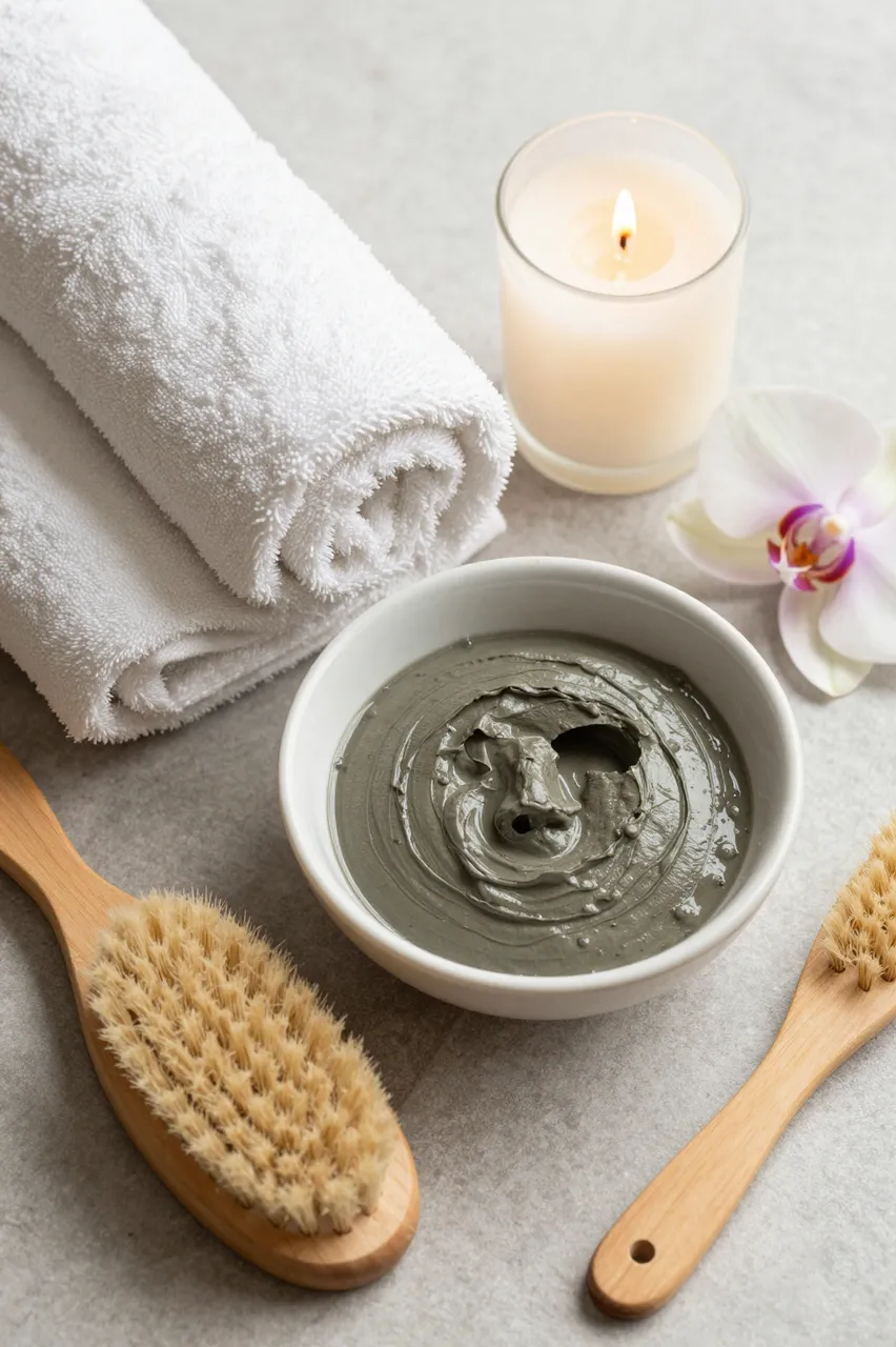 Flat lay of spa items including clay mask, rolled towels, candle, brushes and an orchid on a light gray surface