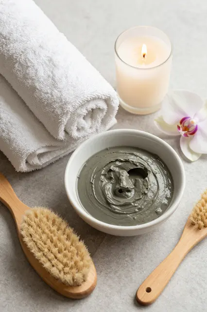 Flat lay of spa items including clay mask, rolled towels, candle, brushes and an orchid on a light gray surface