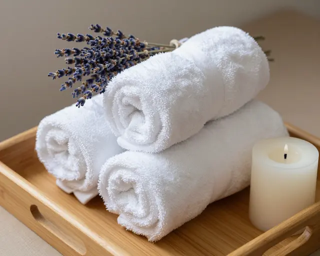 Rolled white towels, dried lavender, and a plain candle arranged on a light wooden tray.