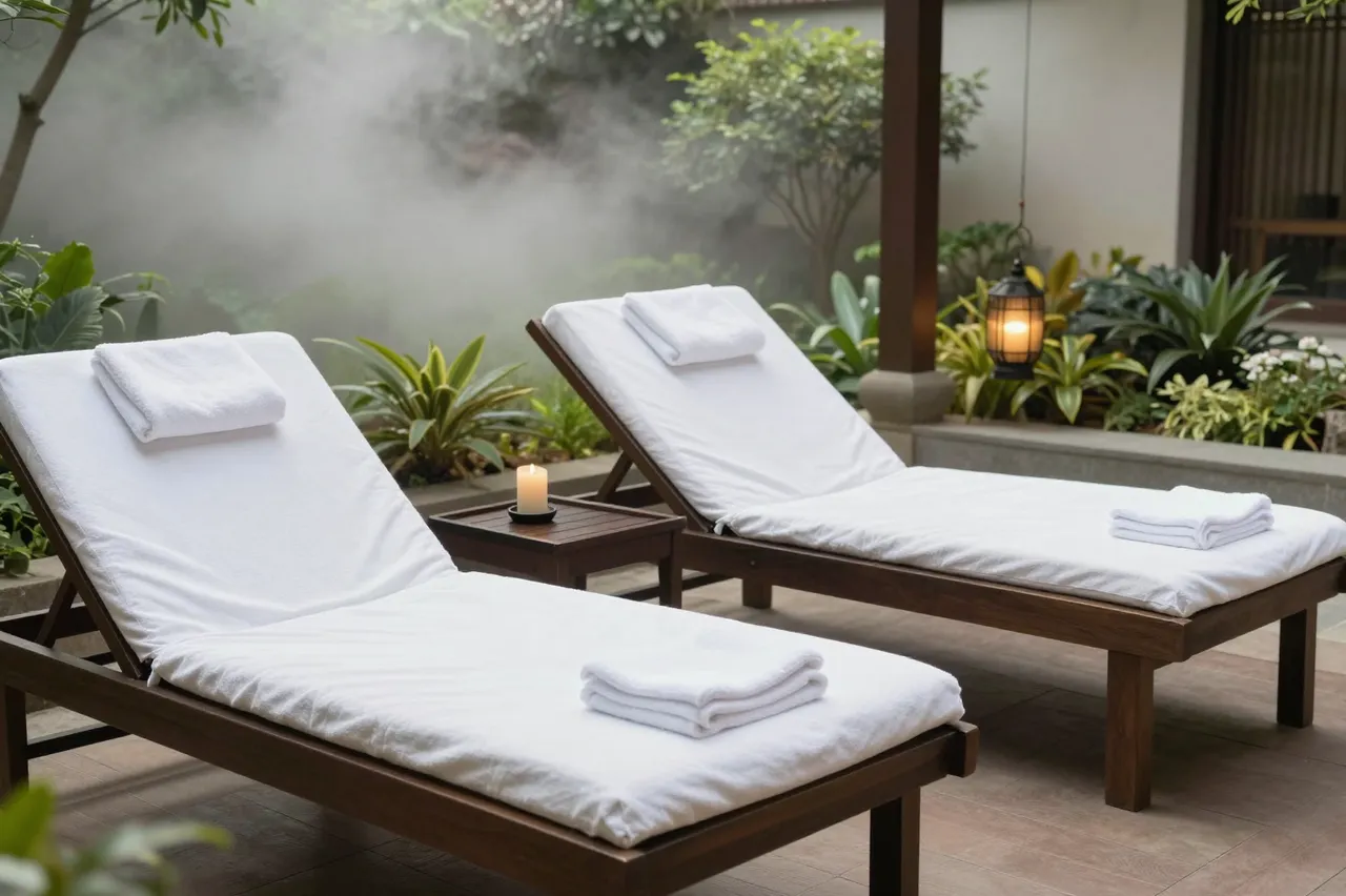 Two padded wooden spa loungers with folded towels sit beside a small table and candle overlooking a misty tropical garden