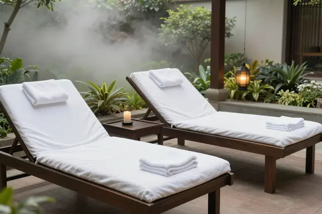 Two padded wooden spa loungers with folded towels sit beside a small table and candle overlooking a misty tropical garden