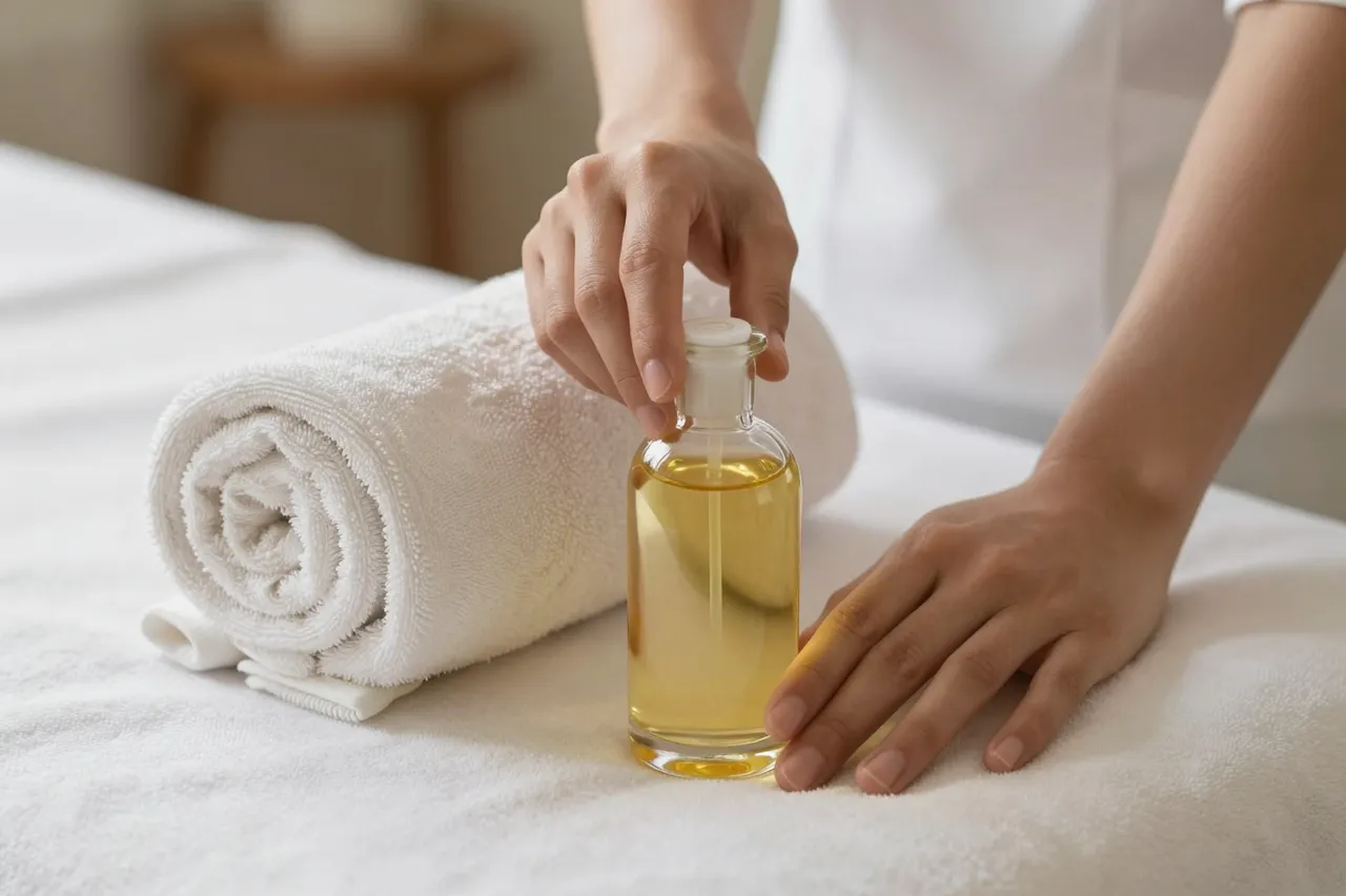A spa therapist's hands rest on a massage table next to a rolled towel and massage oil bottle.