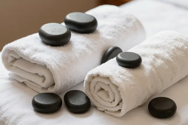 Rolled white terry cloth towels paired with smooth black hot stones rest on a spa massage table surface.