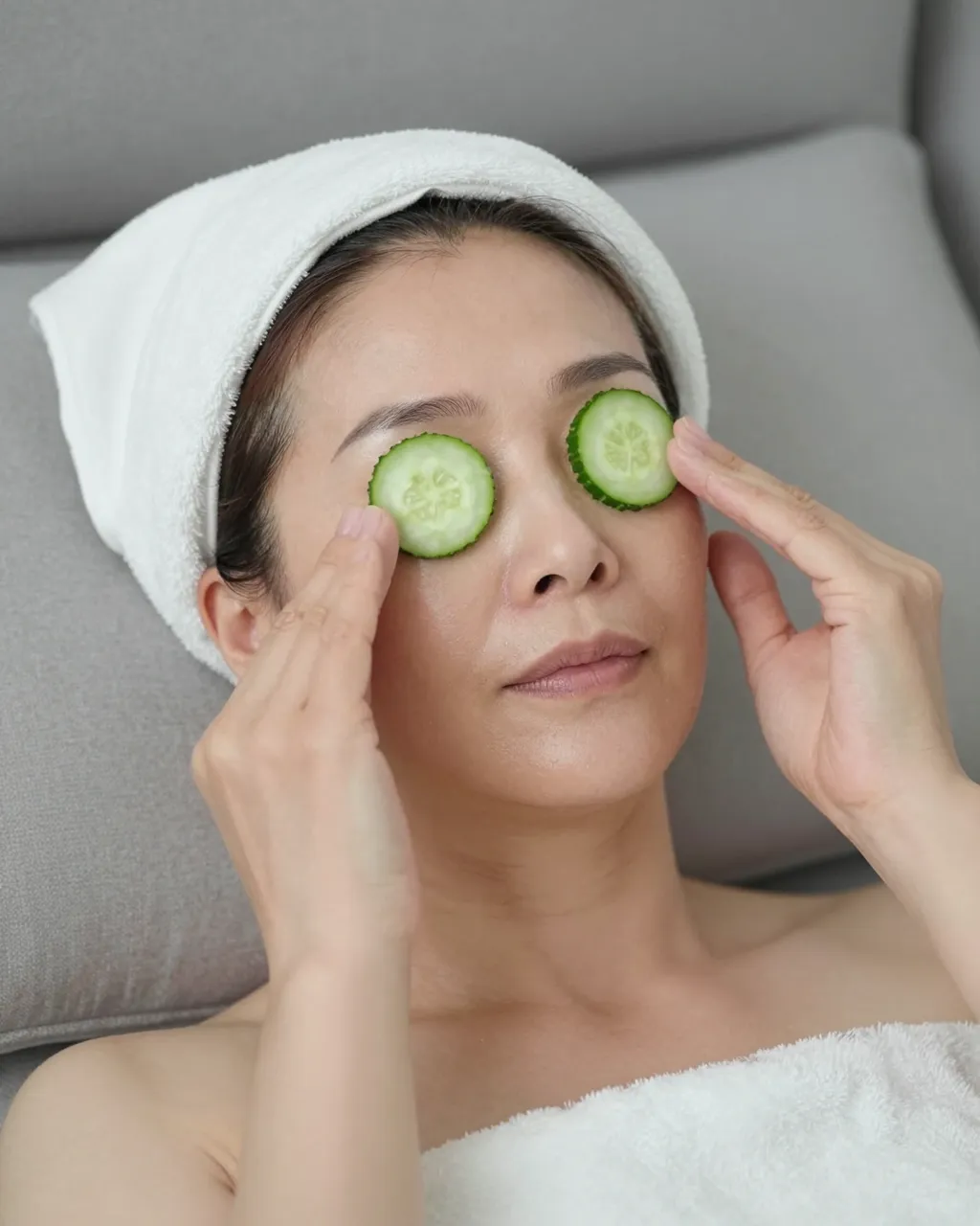 A middle aged East Asian woman rests on a sofa adjusting cucumber slices over her eyes with a towel wrapped on her head