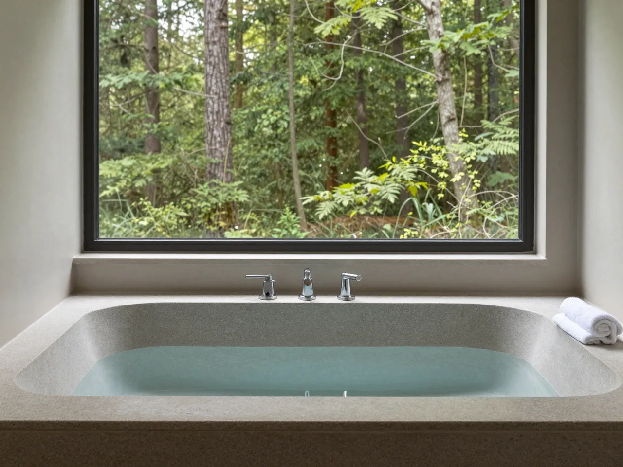 A filled speckled stone bathtub sits below a large window overlooking a lush green forest.