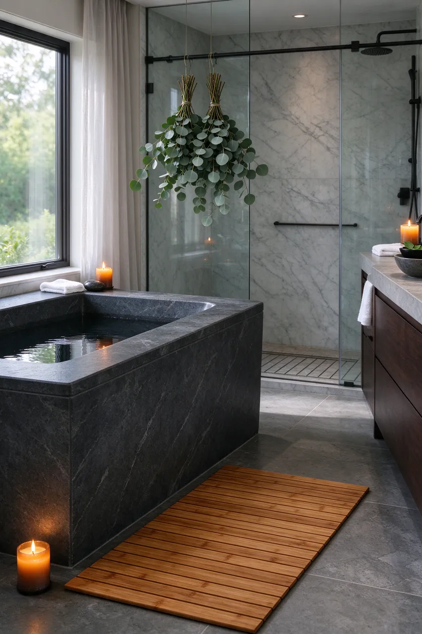 Calming modern spa bathroom with dark stone soaking tub, lit candles, hanging eucalyptus and teak bath mat