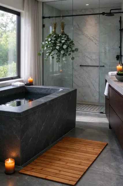 Calming modern spa bathroom with dark stone soaking tub, lit candles, hanging eucalyptus and teak bath mat