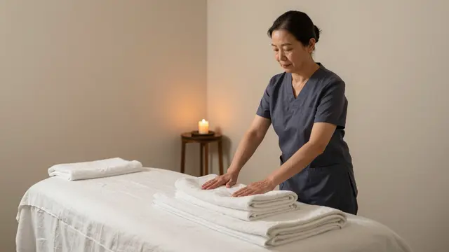 Mature East Asian spa therapist in scrubs folds towels on a massage table by candlelight.