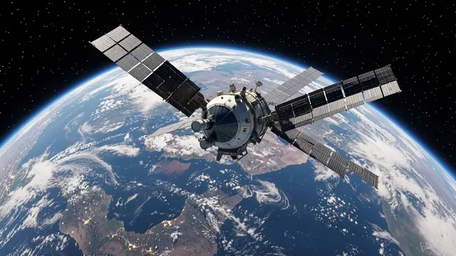 A 3D rendered space station with extended solar panels floats above the curved surface of Earth against a starry black space