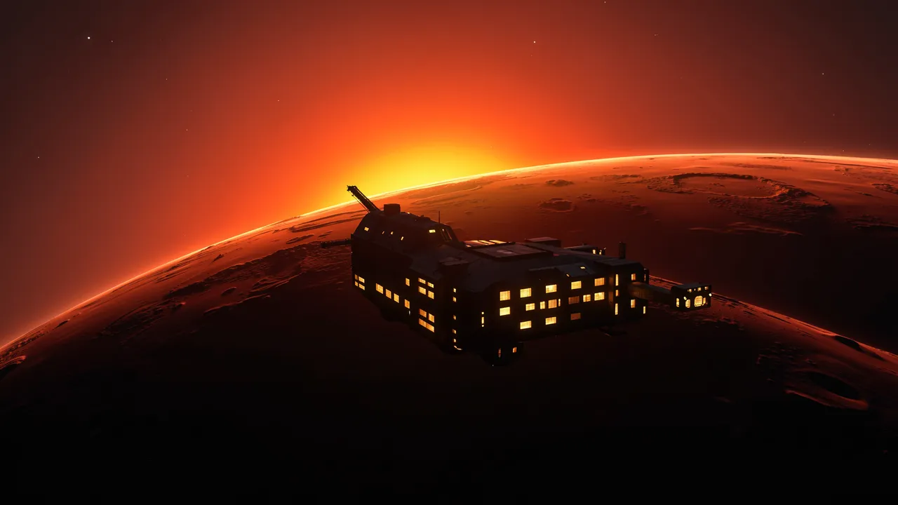 Warm lit space station floats silhouetted against a blazing sunrise over the curved rim of a dark cratered alien planet
