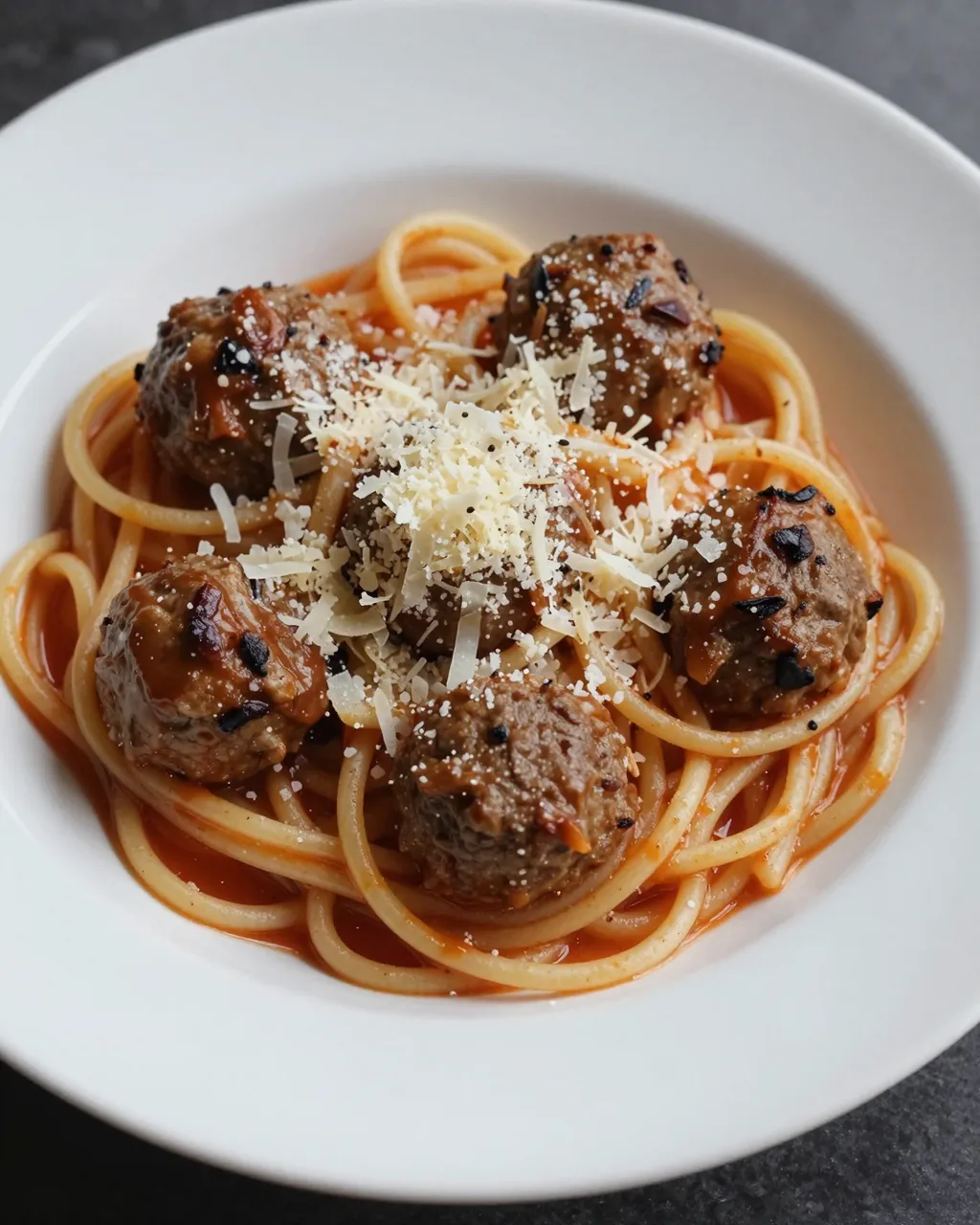 A top-down view of spaghetti with meatballs, tomato sauce, and grated parmesan in a white shallow bowl.