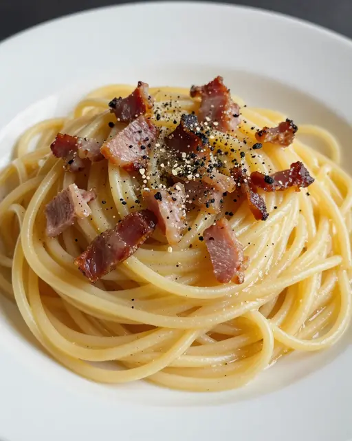 Close-up of a white bowl holding spaghetti carbonara topped with pancetta and cracked black pepper