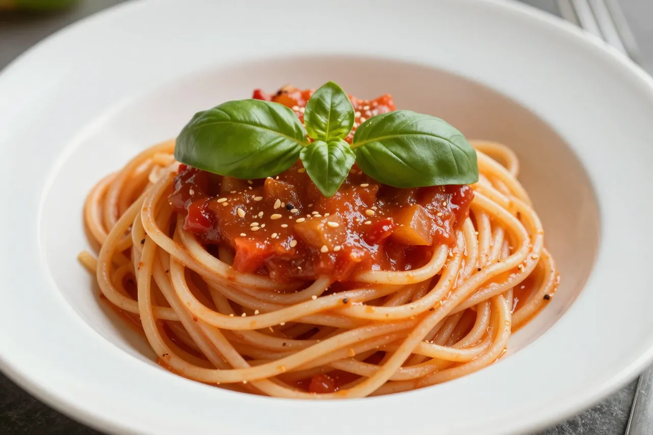 Plate of spaghetti topped with chunky tomato sauce, sesame seeds and fresh basil leaves