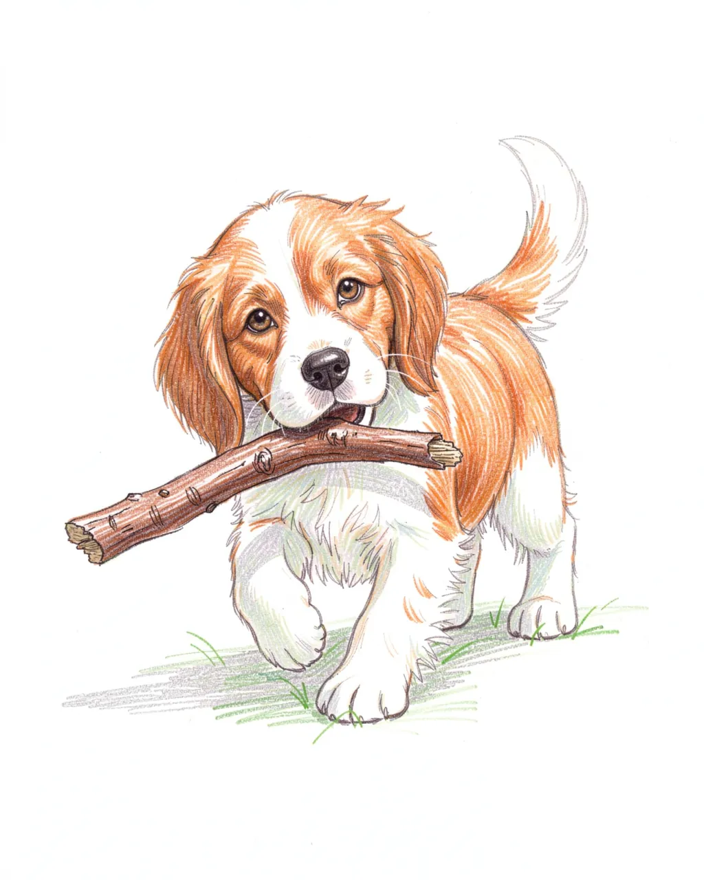 Colored pencil sketch of a spaniel puppy carrying a stick across small grass tufts on white paper