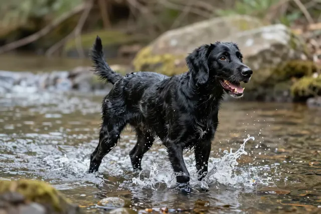 Wet black spaniel stands splashing through a shallow rocky woodland stream