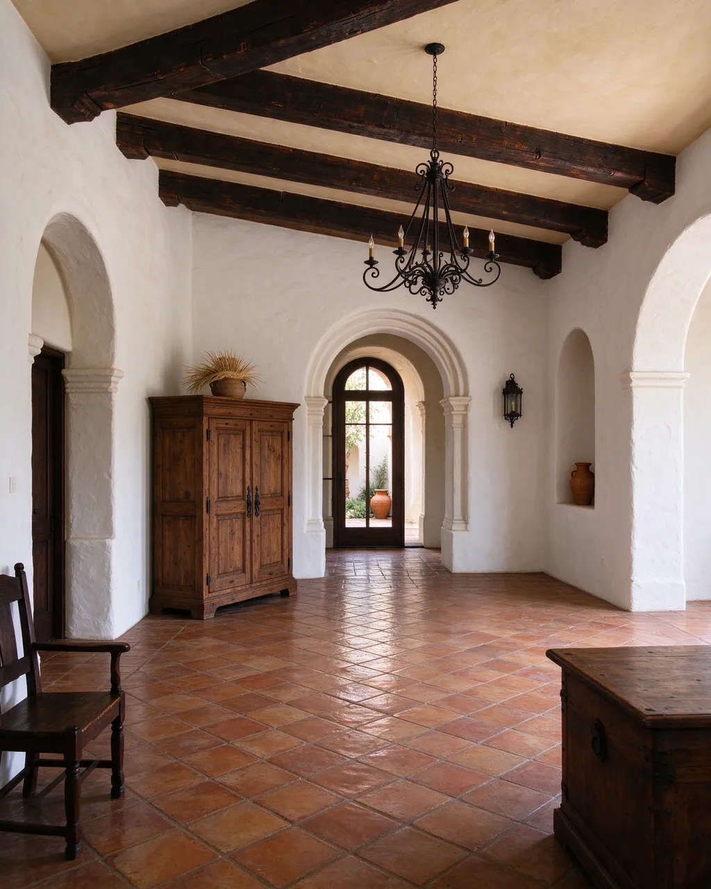 Sunlit empty Spanish colonial style room with stucco walls, dark beams and terracotta tile flooring